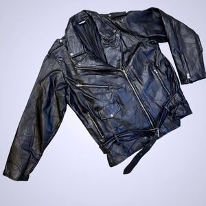 Flight Path Mens Vintage Black Leather Motorcycle Biker Jacket Belted XL